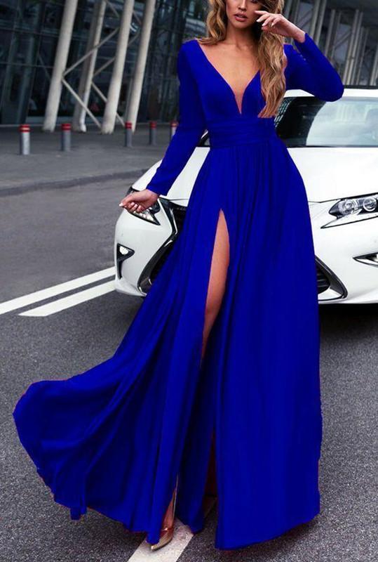 Elegant Royal Blue Evening Dresses Luxury Beaded Long Sleeves See Through  Sexy Satin With Train Plus Size Prom Party Gowns Robe - AliExpress